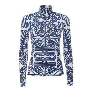 Double J Editions Italy Turtleneck‎ Top Skinny Jersey Blue White Pattern Large